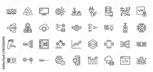 Technology and computing line icon set. Vector pictograms of server, cloud, brain, security, and data, thin linear illustration.