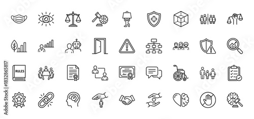 Ethics, law, and rights line icon set. Vector pictograms of scales, mask, gavel, and shield, thin linear illustration.