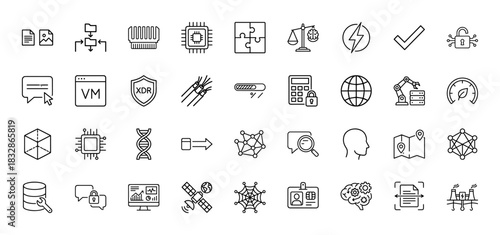 Information technology line icon set. Vector pictograms of server, chip, dna, network, data, and security, thin linear illustration.