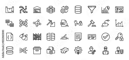 Technology and data processing line icon set. Vector pictograms of mining, storage, analysis, and security, thin linear illustration.