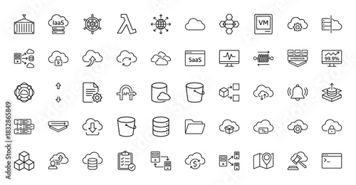 Cloud computing line icon set. Vector pictograms of virtualization, saas, iaas, security, and networking, thin linear illustration.