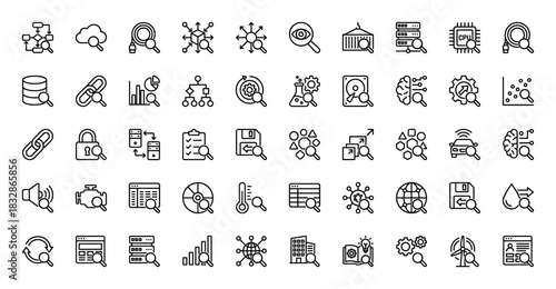 Data research and analytics line icon set. Vector pictograms of server, cloud, cpu, database, brain, and engine, thin linear illustration.