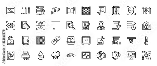 Security and surveillance line icon set. Vector pictograms of access control, facial recognition, cctv, and data protection, thin linear illustration.