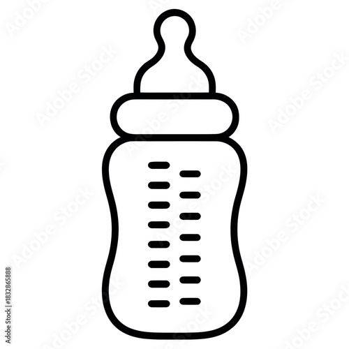A simple line art illustration of a baby bottle with measurement markings.
