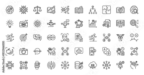 Artificial intelligence and technology line icon set. Vector pictograms of machine learning, robot, data analysis, and brain research, thin linear illustration.