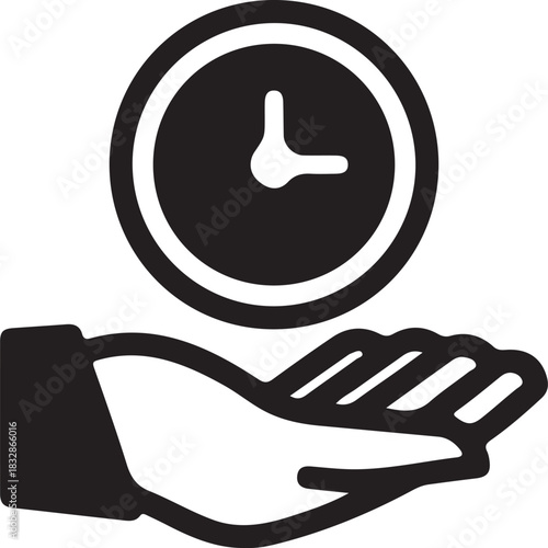 Black silhouette of an open hand holding a clock icon symbolizing time management or a deadline isolated on transparent background silhouette