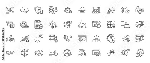 Information technology and business line icon set. Vector pictograms of database, security, cloud, and optimization, thin linear illustration.