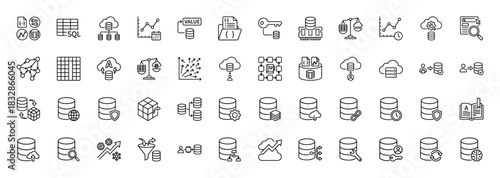 Data and database technology line icon set. vector pictograms of sql, cloud storage, server, chart, and security, thin linear illustration.