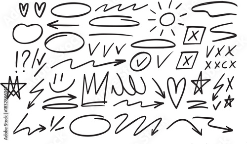 Hand-Drawn Crayon Doodle Shapes and Icons Set – Scribble Arrows, Check Marks, Crowns, Ovals and Decorative Elements