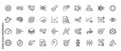 Artificial intelligence and machine learning line icon set. Vector pictograms of neural networks, data analysis, robotics, and innovation, thin linear illustration.