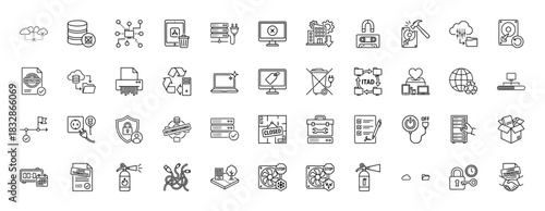 Information technology and data security line icon set. Vector pictograms of server rack, hard drive, data recovery, and padlock, thin linear illustration.