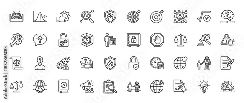 Legal, technology, and risk management line icon set. Vector pictograms of scales of justice, robots, light bulbs, shields, and targets, thin linear illustration.