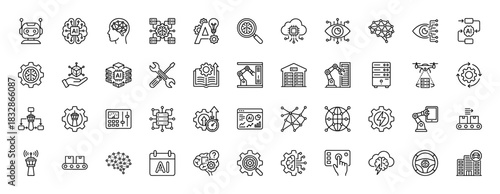 Artificial intelligence and industry 4.0 line icon set. Vector pictograms of robotics, automation, neural network, and data, thin linear illustration.