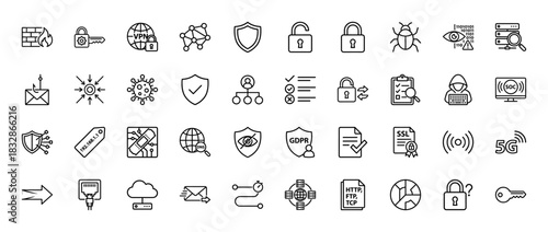 Cyber security line icon set. Vector pictograms of firewall, vpn, shield, hacker, server, cloud, encryption, padlock, bug and phishing, thin linear illustration.