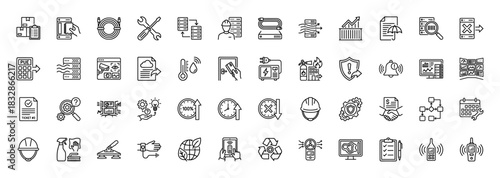 Data center management line icon set. Vector pictograms of PUE, server, cooling, and security, thin linear illustration.