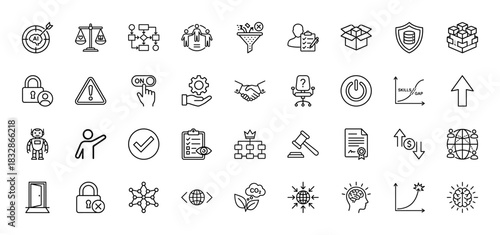Business and technology line icon set. vector pictograms of artificial intelligence, security, management, and power, thin linear illustration.