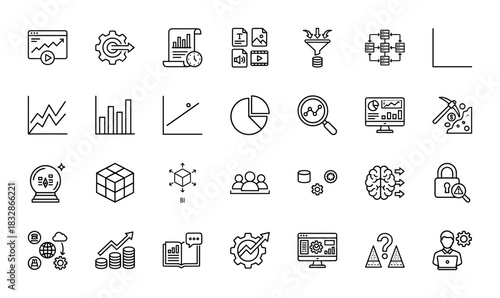 Business data analysis line icon set. vector pictograms of chart, gear, money, document, and security, thin linear illustration.