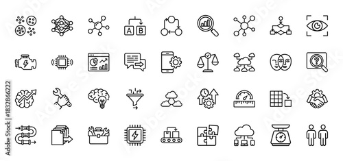 Technology and AI line icon set. Vector pictograms of neural network, algorithm, cloud, brain, analysis, eye, chip, gear, logic, process, thin linear illustration