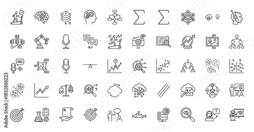 Artificial intelligence and machine learning line icon set. Vector pictograms of deep learning, neural networks, and data analysis, thin linear illustration.