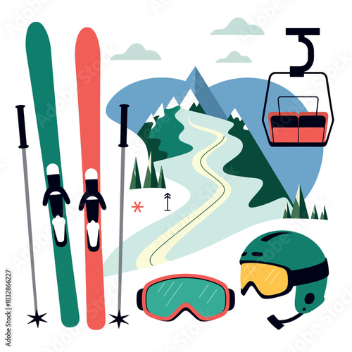 Winter ski equipment is displayed with a mountain ski slope and ski lift in the background.
