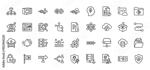 DevOps and cloud computing line icon set. Vector pictograms of server, database, automation, code, monitoring, security and deployment, thin linear illustration.