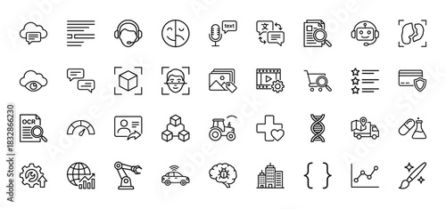 Technology and artificial intelligence line icon set. Vector pictograms of machine learning, data analysis, robotics, and automation, thin linear illustration.