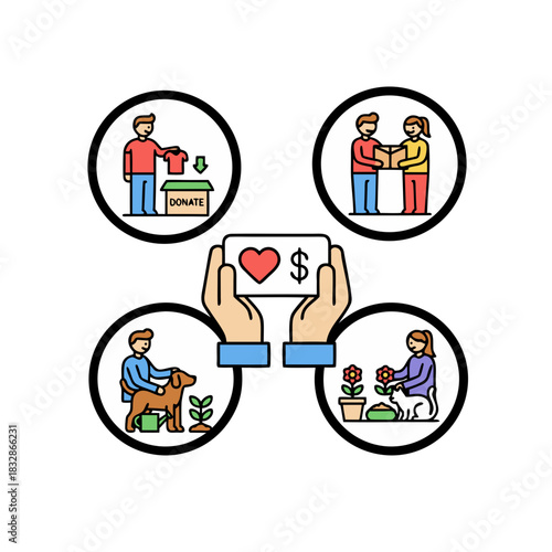 Charitable Acts Illustrated Through Diverse Icons Showing Donation Giving Receiving Volunteering and Nurturing