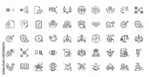 Artificial intelligence and ethics line icon set. Vector pictograms of brain, robot, law, security, automation, analysis, learning, vision, data, thin linear illustration