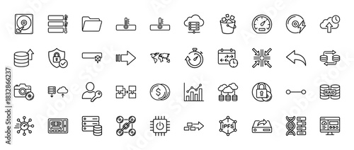 Technology and data line icon set. Vector pictograms of database, cloud storage, server, backup, and security, thin linear illustration.