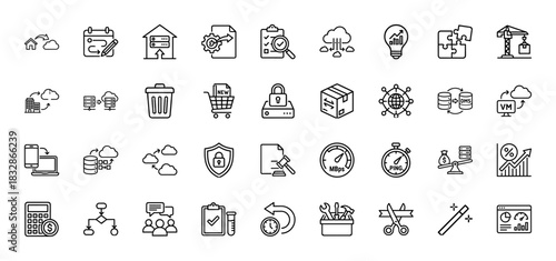 Cloud computing, data management, and technology line icon set. Vector pictograms of server, calendar, security, and virtual machine, thin linear illustration.