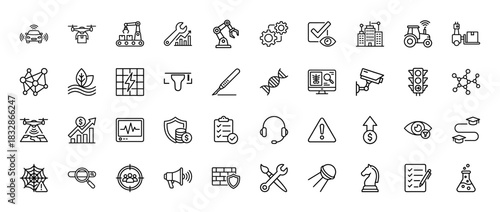 Business and technology line icon set. Vector pictograms of automation, security, finance, and learning, thin linear illustration.