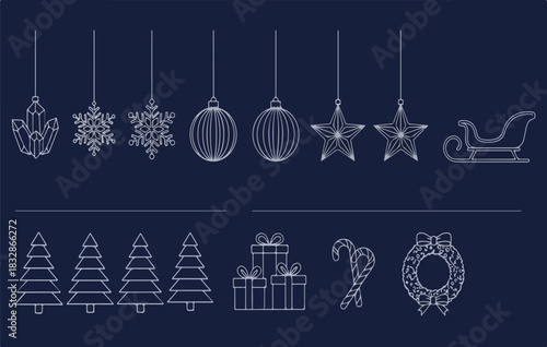 Minimalist Christmas and Winter Holiday line art vector icon set for design isolated PNG with Transparent Background