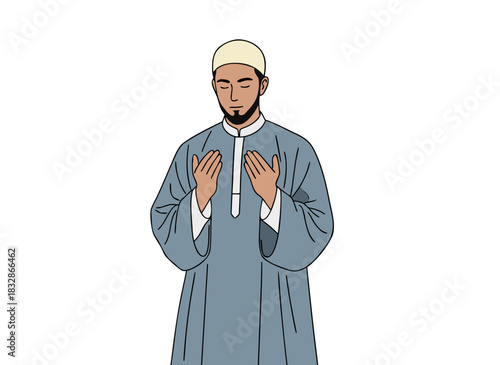 Muslim Man In Traditional Islamic Clothing With White Kufi Cap Raised Hands In Prayer Against Black Background