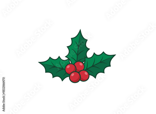 Illustration of a sprig of holly with green leaves and red berries on a black background featuring a festive Christmas motif