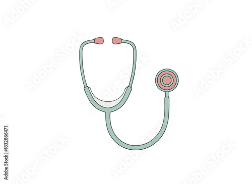 Flat vector illustration of a teal stethoscope with pink accents centered and isolated on a black background symbolizing healthcare and medical care