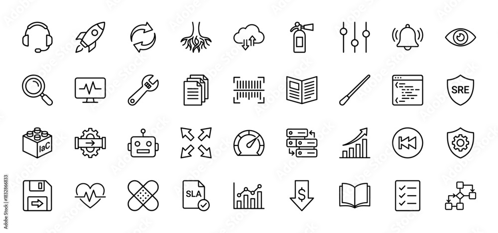 Fototapeta premium Information technology line icon set. Vector pictograms of support, security, development, and data, thin linear illustration.
