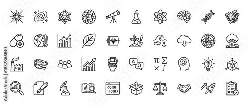 Science and education line icon set. vector pictograms of brain, dna, telescope, flask, atoms, and charts, thin linear illustration.