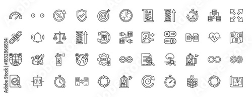 Site reliability engineering line icon set. Vector pictograms of slo, sla, mttr, post-mortem, canary release, devops, and continuous cycles, thin linear illustration.
