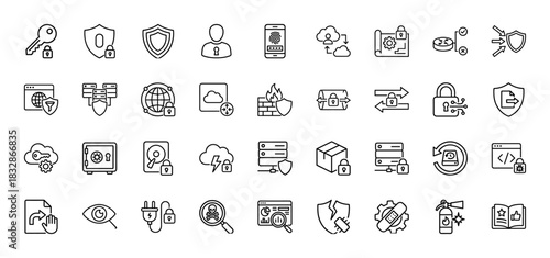 Cybersecurity line icon set. Vector pictograms of protection, key, shield, server, and firewall, thin linear illustration.
