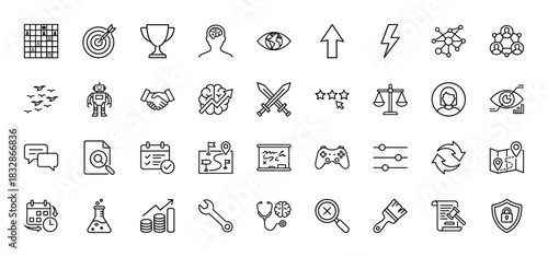 Strategy and business planning line icon set. Vector pictograms of chess, target, trophy, robot, handshake, map, chart, shield, brain and game controller, thin linear illustration.