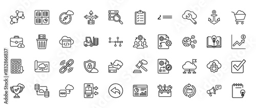Business and data technology line icon set. Vector pictograms of flow chart, database, cloud computing, and strategy, thin linear illustration.