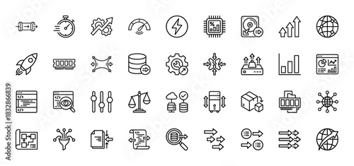 Data and technology thin line icon set. Vector pictograms of performance, analytics, speed, storage, and optimization, linear illustration.