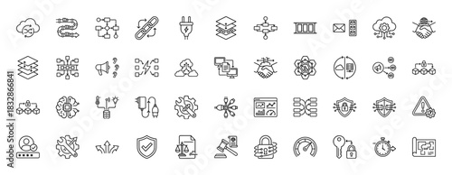 Data and technology linear icon set. Vector pictograms of blockchain, cloud computing, cybersecurity, and networking, thin outline illustration.