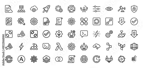 Software development and data technology line icon set. Vector pictograms of coding, cloud computing, server, rocket, and robotics, thin linear illustration.