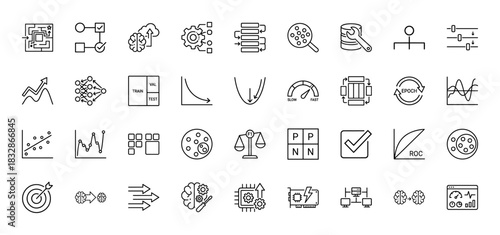 Machine learning and artificial intelligence line icon set. Vector pictograms of neural networks, data analysis, models, and optimization, thin linear illustration.