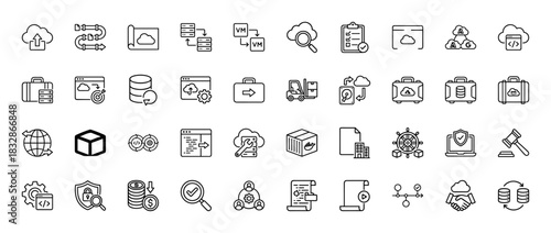 Cloud computing and data migration line icon set. Vector pictograms of server, database, pipeline, virtual, container, backup, devops, thin linear illustration.