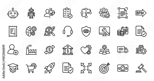 Business process automation line icon set. Vector pictograms of robot, checklist, strategy, banking, and e-commerce, thin linear illustration.