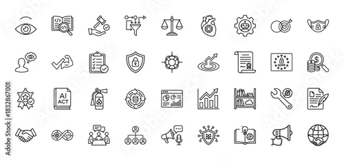 Business compliance and law line icon set. Vector pictograms of gavel, scales, shield, contract, GDPR, AI robot, handshake, checklist, thin linear illustration.