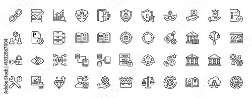 Business and security line icon set. vector pictograms of data, analysis, protection, and legal concepts, thin linear illustration.