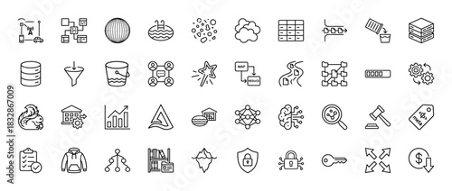 Technology and data line icon set. Vector pictograms of network, database, map, funnel, and algorithm, thin linear illustration.